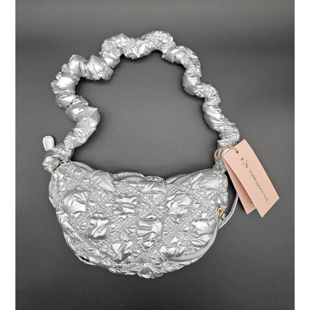 Expressions NYC‎ Silver Metallic Quilted Scrunchie Shoulder Bag NWT